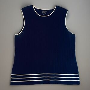Pendleton Ribbed Knit Sleeveless Top Silk Blend Navy White Stripe Large